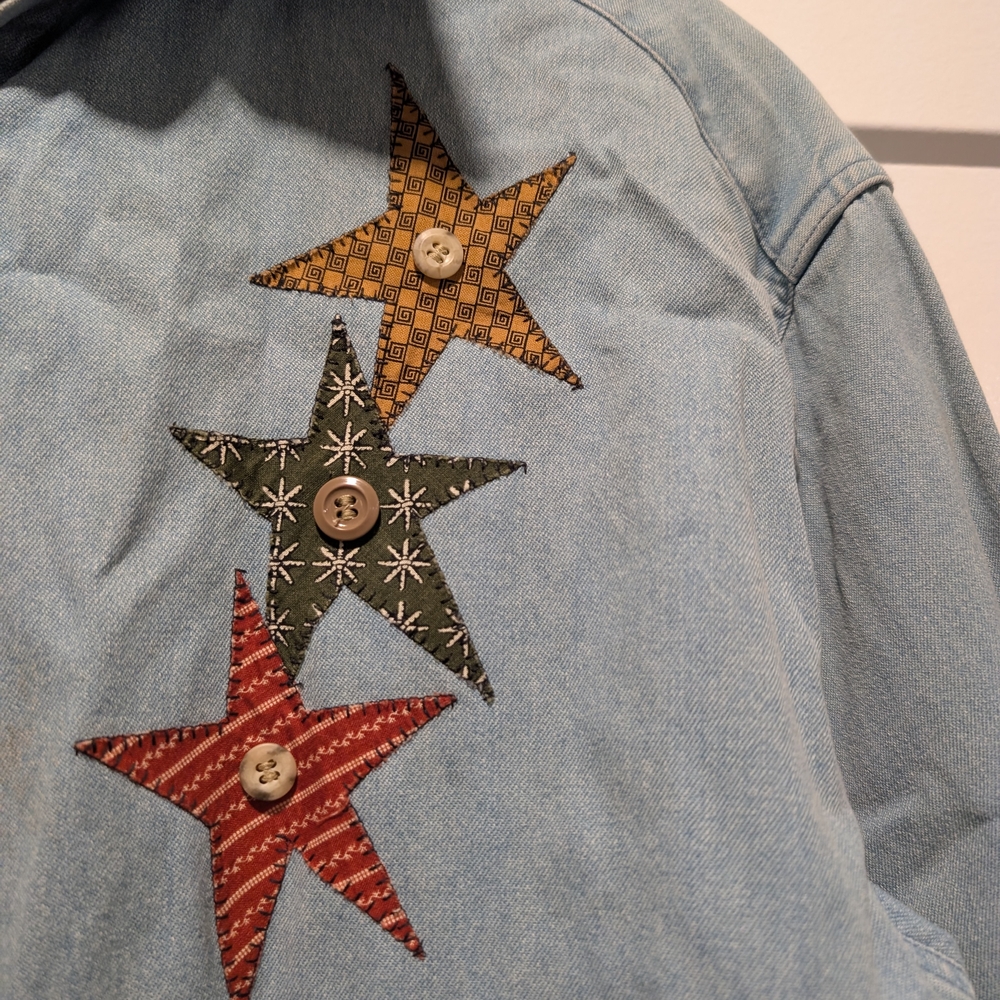 VINTAGE Country Plaid Stars Embroidered Denim Shirt Jacket Size Medium - Picture 7 of 12